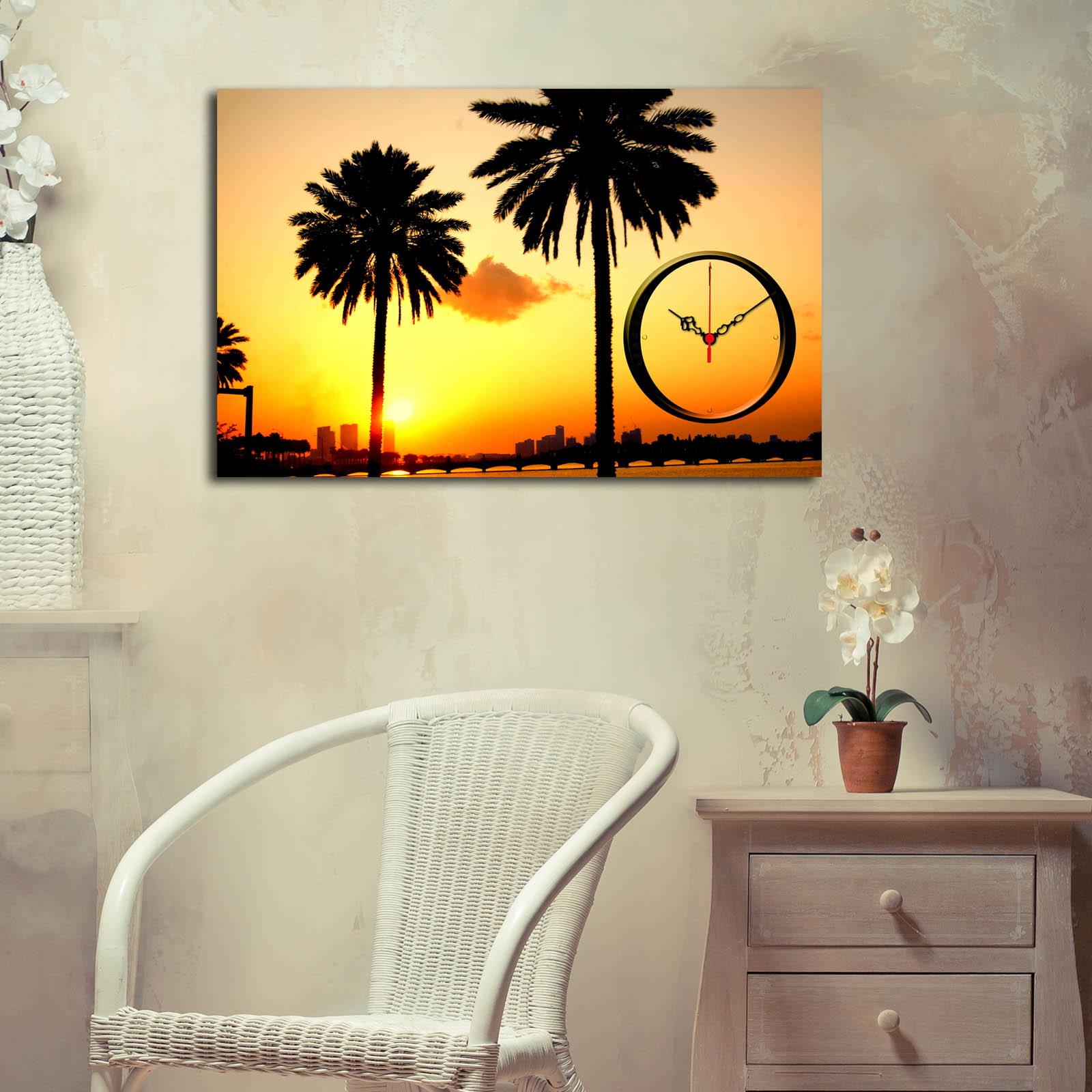 Relógio de Parede Decorativo em Tela Suede 100%, Multicolor, 45 x 70 cm, Moldura 100% Madeira (3 cm)