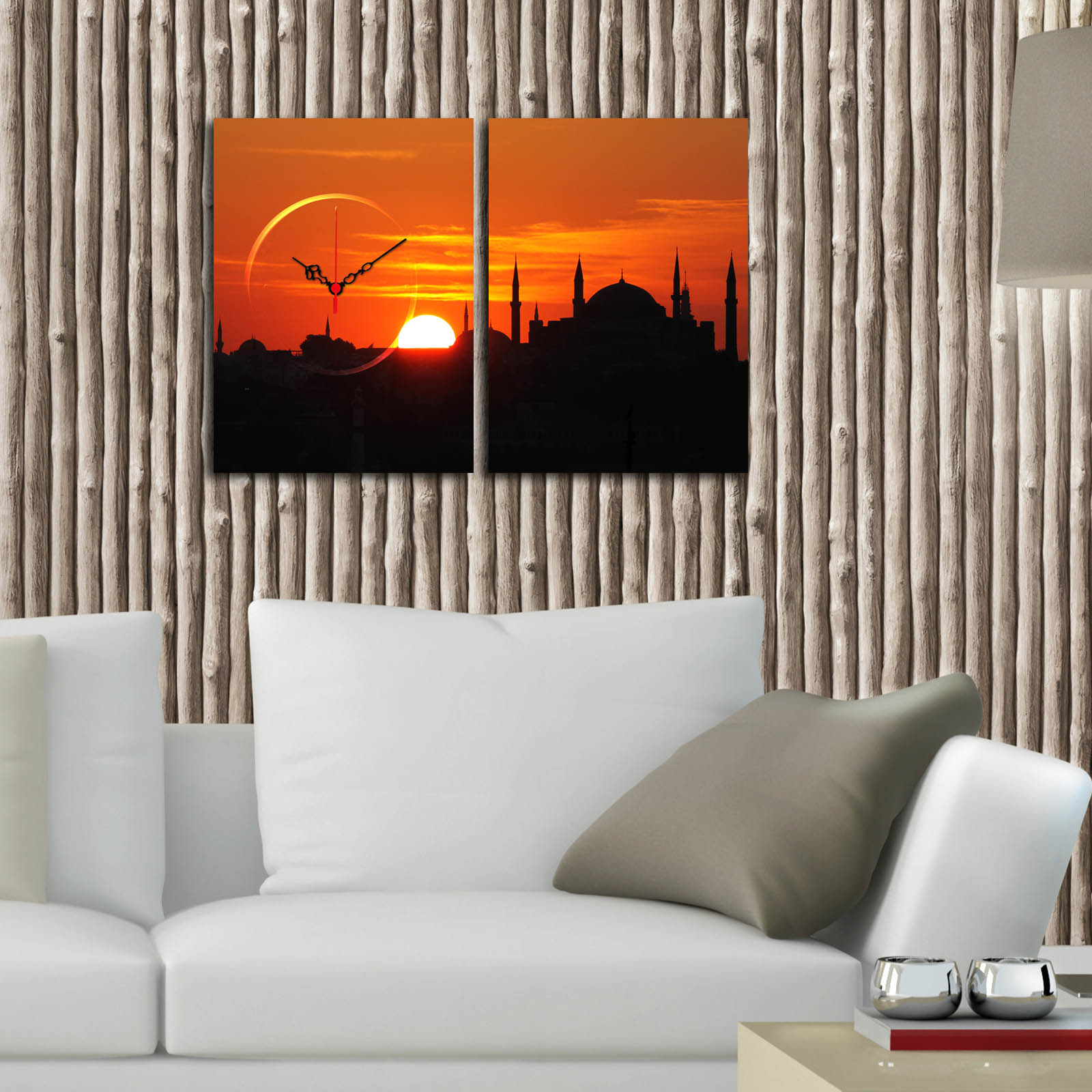 Relógio de Parede em Tela Decorativa Multicolor (Conjunto 2 Peças) 60x38 cm | Suede 100% com Moldura de Madeira 3 cm – 2P3040CS-141