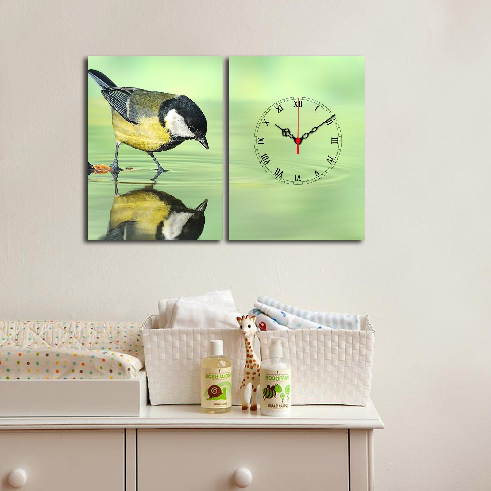 Relógio de Parede em Tela Decorativa Multicolor — Conjunto 2 Peças, Tela de Camurça 100%, Moldura de Madeira, 60 x 38 cm