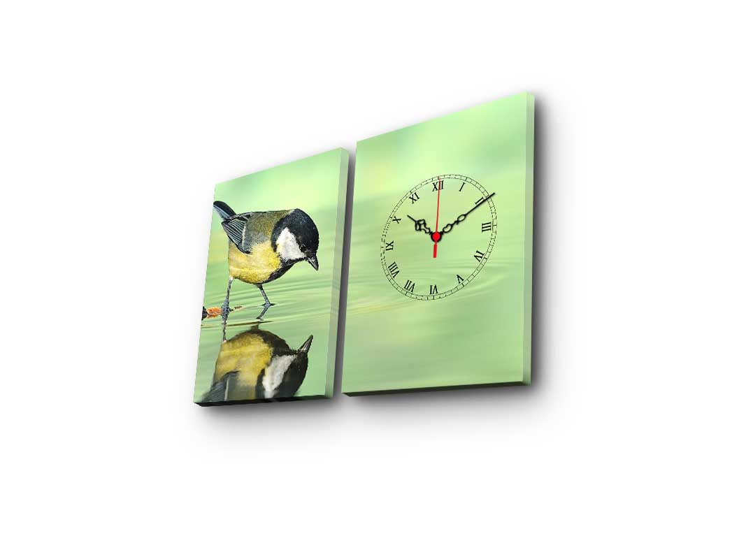 Relógio de Parede em Tela Decorativa Multicolor — Conjunto 2 Peças, Tela de Camurça 100%, Moldura de Madeira, 60 x 38 cm