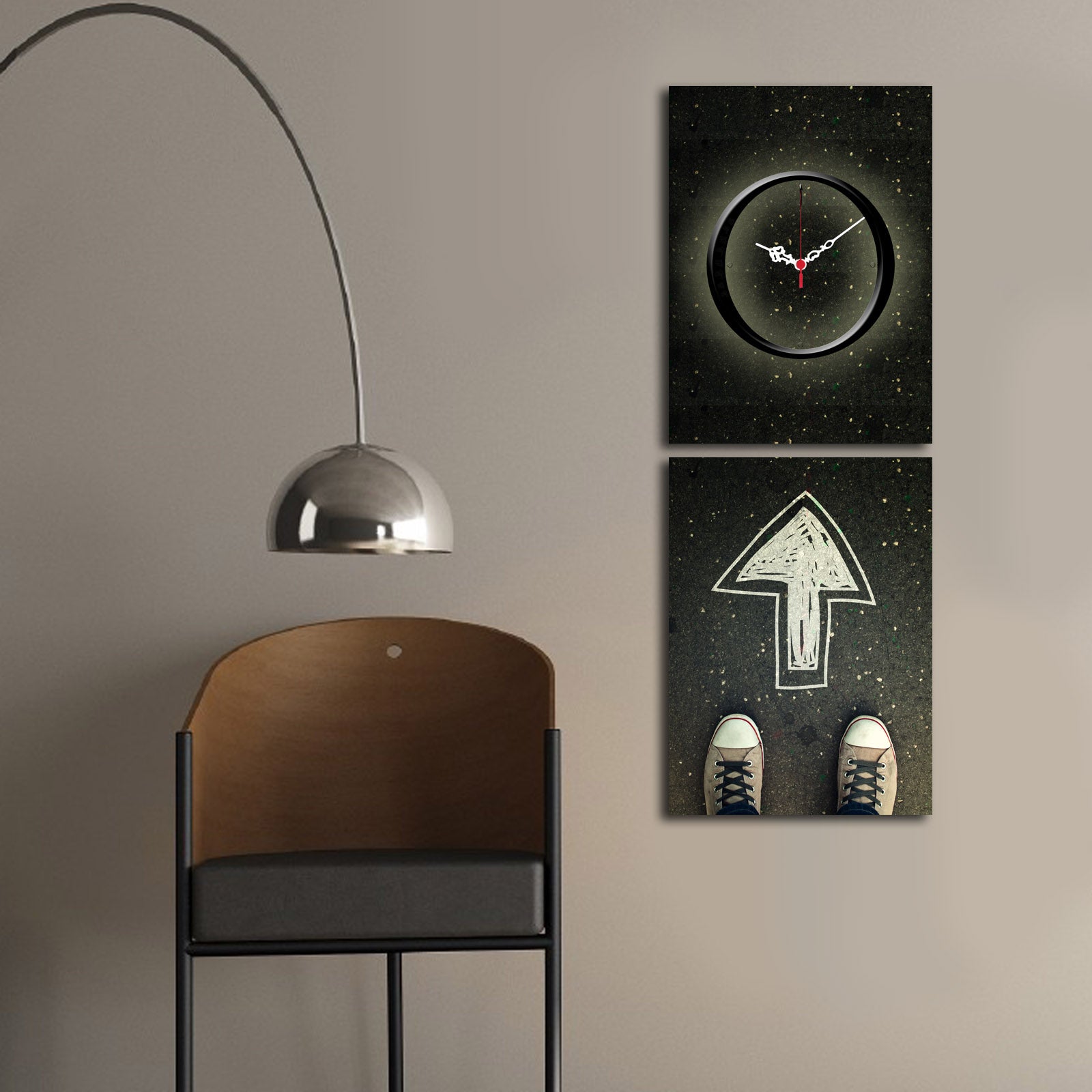 Relógio de Parede em Tela Decorativa (2 Peças) Multicolor – Canvas Suede 100%, Moldura de Madeira 3 cm, 60 x 38 cm