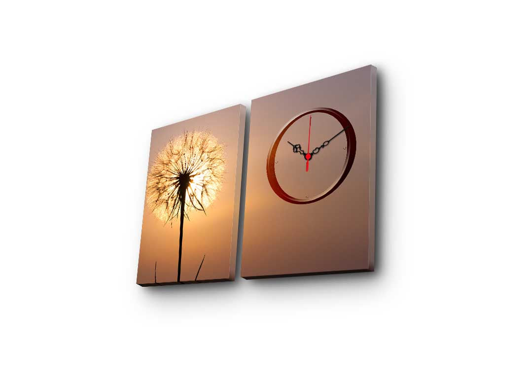Relógio de Parede em Tela Decorativa Multicolor (2 Peças) – Tela Camurça 100%, Moldura de Madeira, 60 x 38 cm