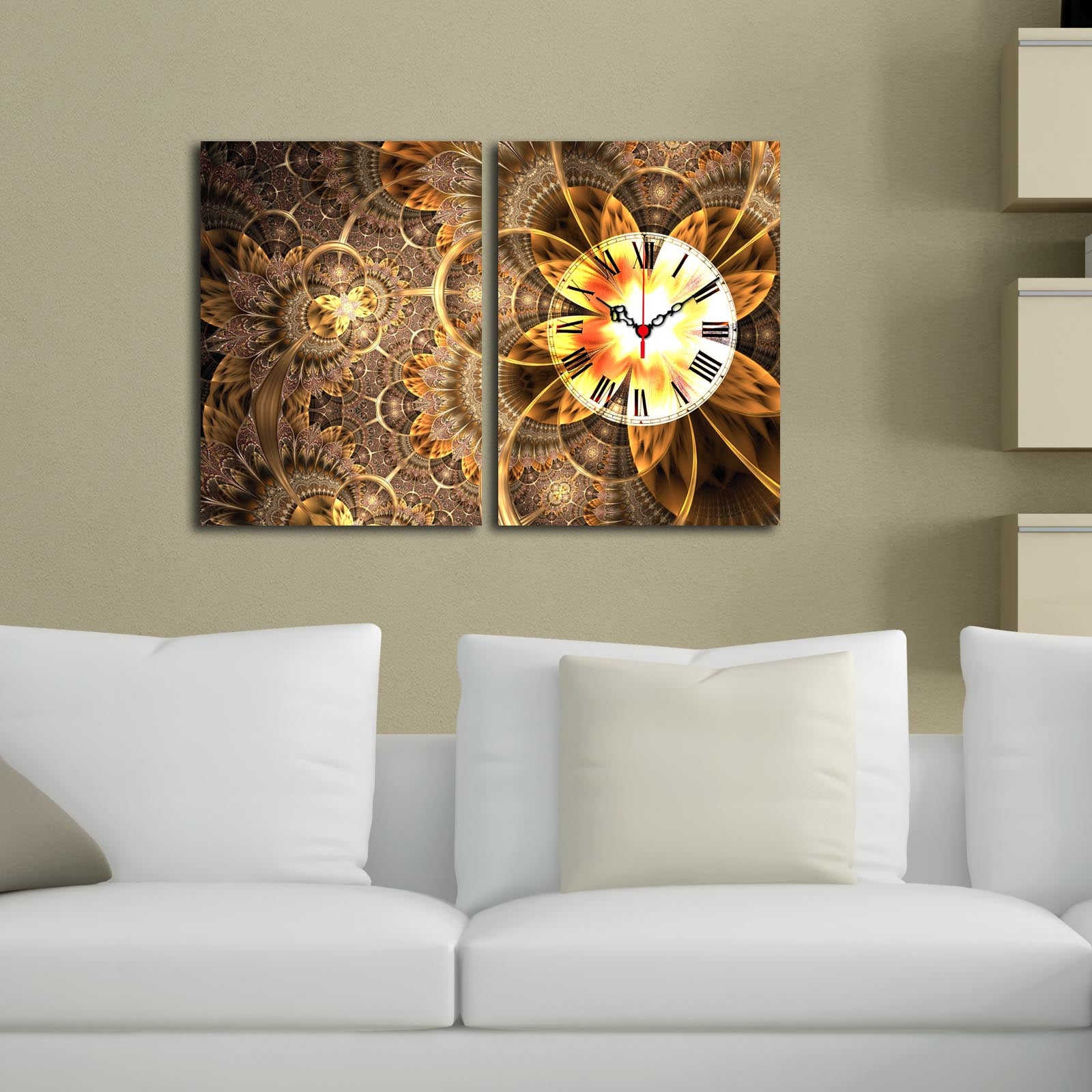 Relógio de Parede em Tela Decorativa (2 Peças) Multicolor – Tela Suede 100% com Moldura de Madeira, 60 x 38 cm