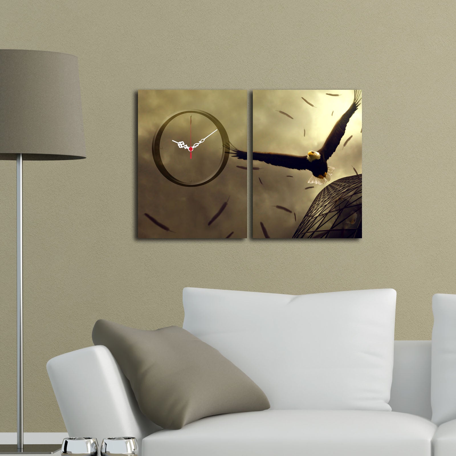 Relógio de Parede em Tela Suede Decorativa – Multicolor, 2 Peças (28x38 cm cada, total 60x38 cm), Moldura de Madeira 3 cm