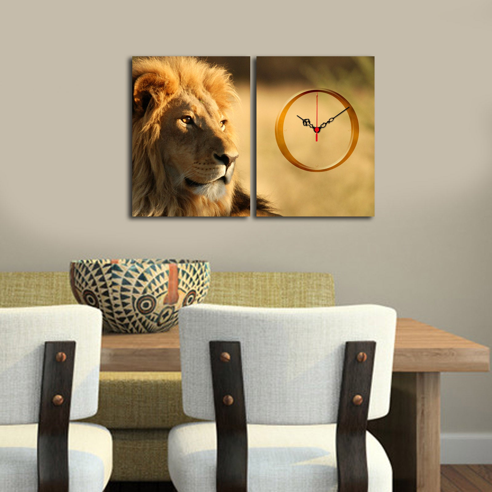 Relógio de Parede em Tela Suede Decorativa (2 Peças) Multicolor – Moldura 100% Madeira, 28 x 38 cm cada (60 x 38 cm total)