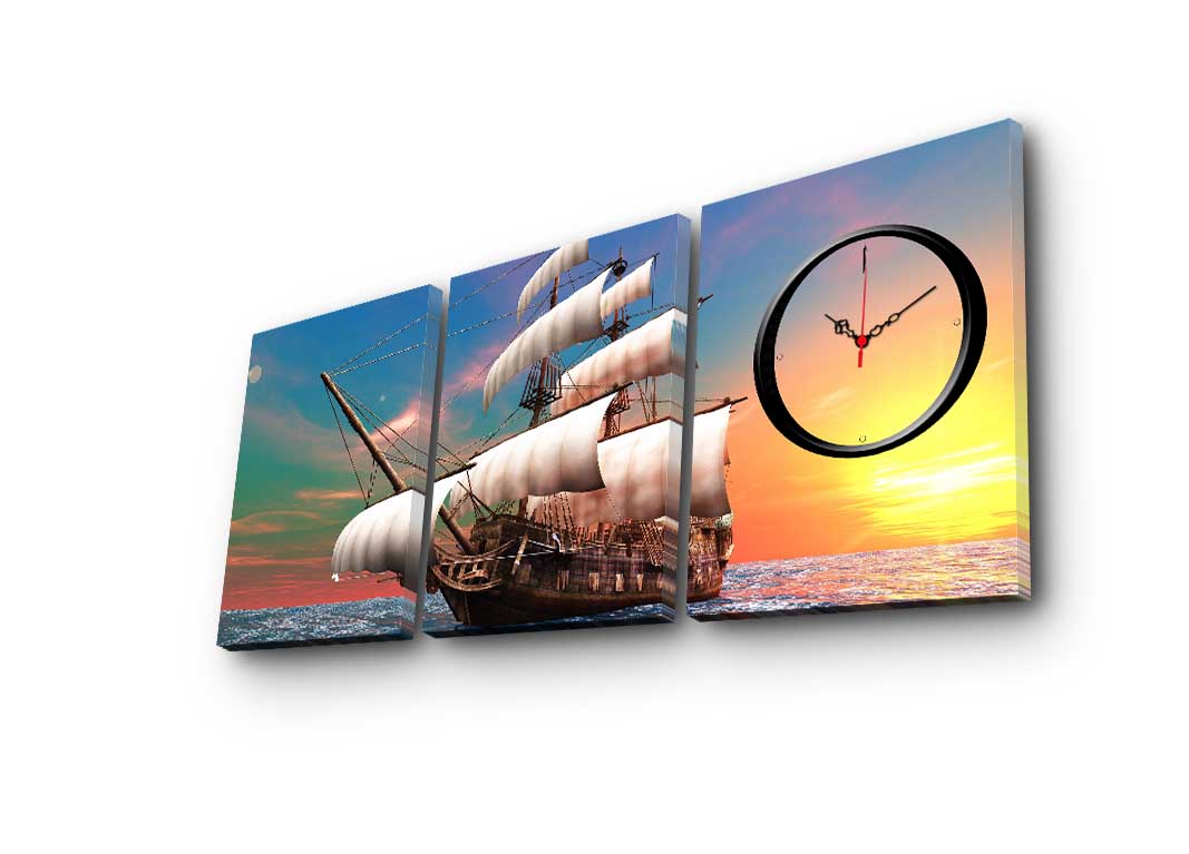 Relógio de Parede Decorativo em Tela (3 Peças) 90 x 38 cm, Multicolor, Moldura de Madeira 3 cm