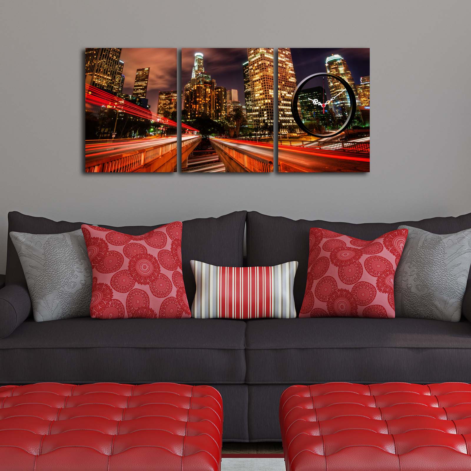 Relógio de Parede em Tela Decorativa 3P3040CS-73, Multicolor, Conjunto de 3 Peças, Suede, Moldura de Madeira, 90x38 cm