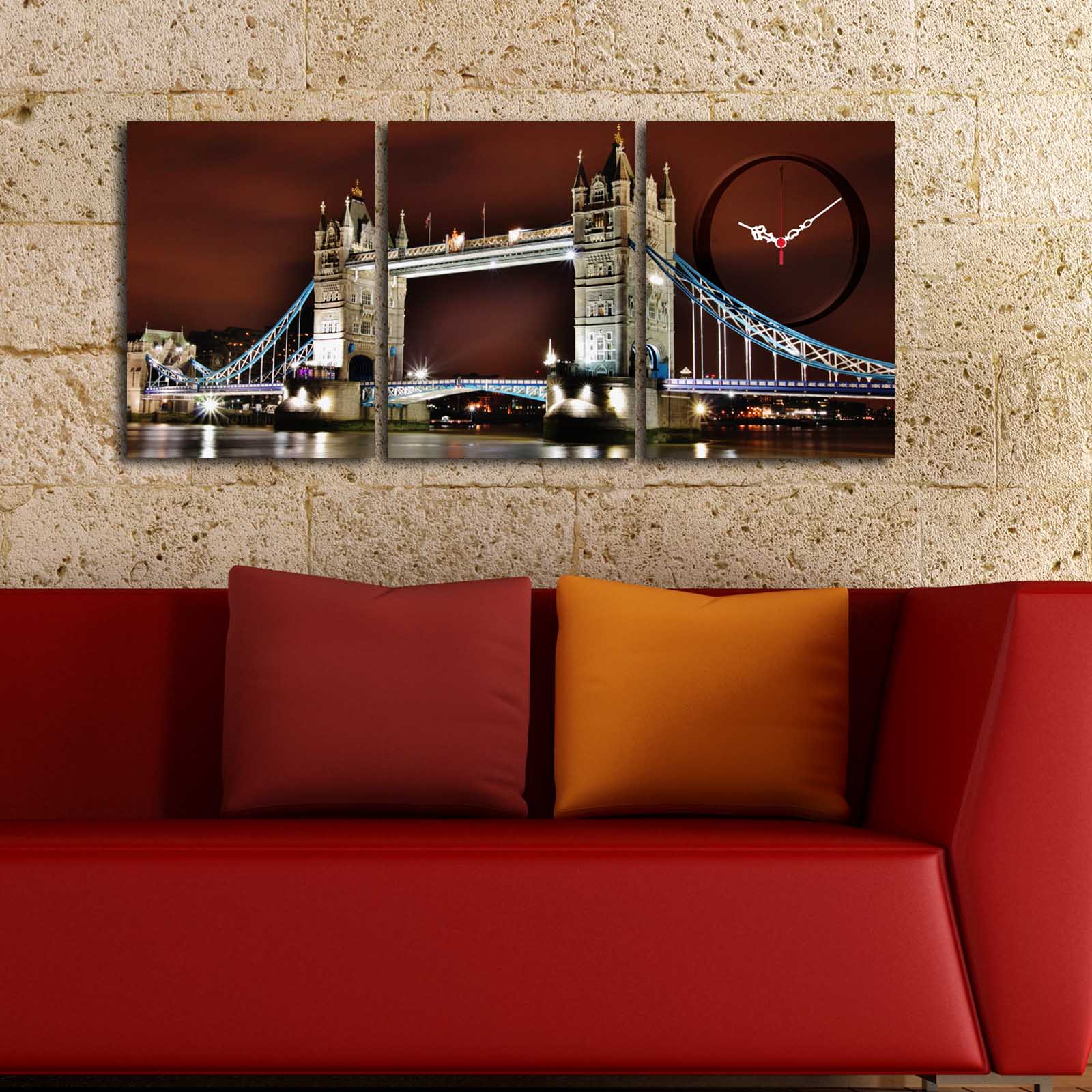Relógio de Parede Decorativo em Tela Suede – Conjunto 3 Peças Multicolor, Moldura de Madeira, 28x38 cm cada (90x38 cm total)