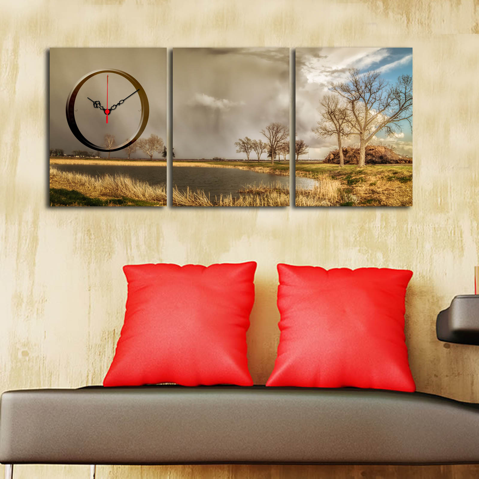 Relógio de Parede em Tela Decorativa (3 Peças) Multicolor 90x38 cm | Moldura de Madeira 3 cm | 3P3040CS-76
