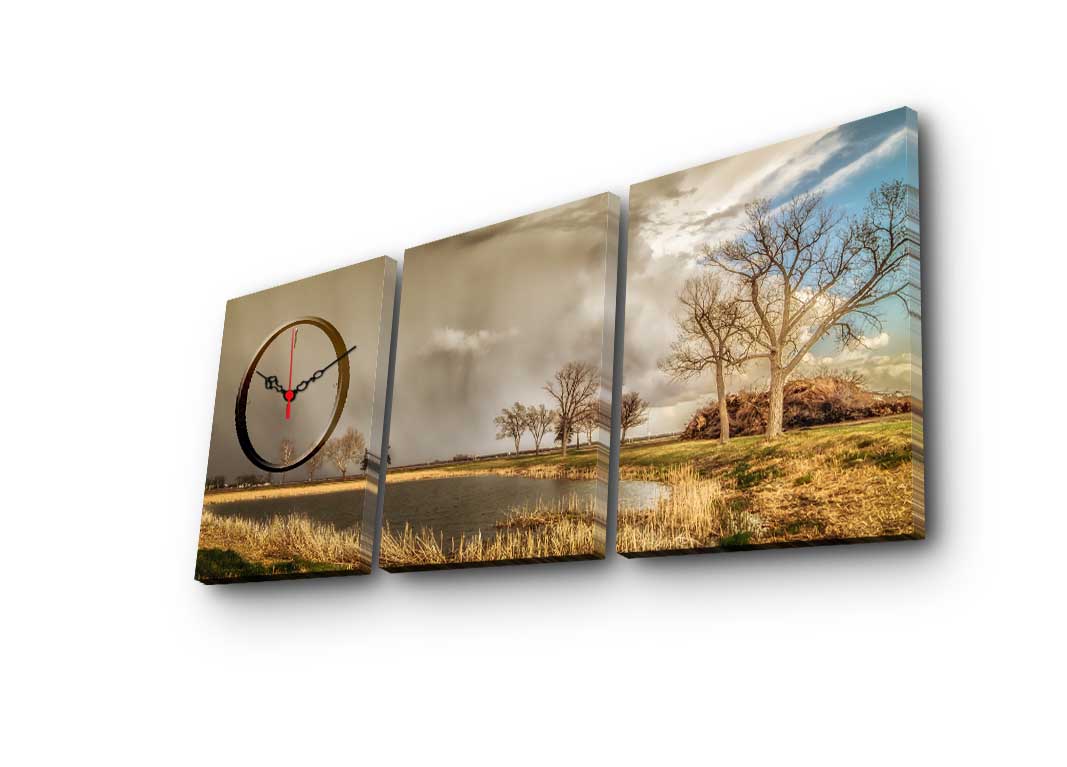 Relógio de Parede em Tela Decorativa (3 Peças) Multicolor 90x38 cm | Moldura de Madeira 3 cm | 3P3040CS-76