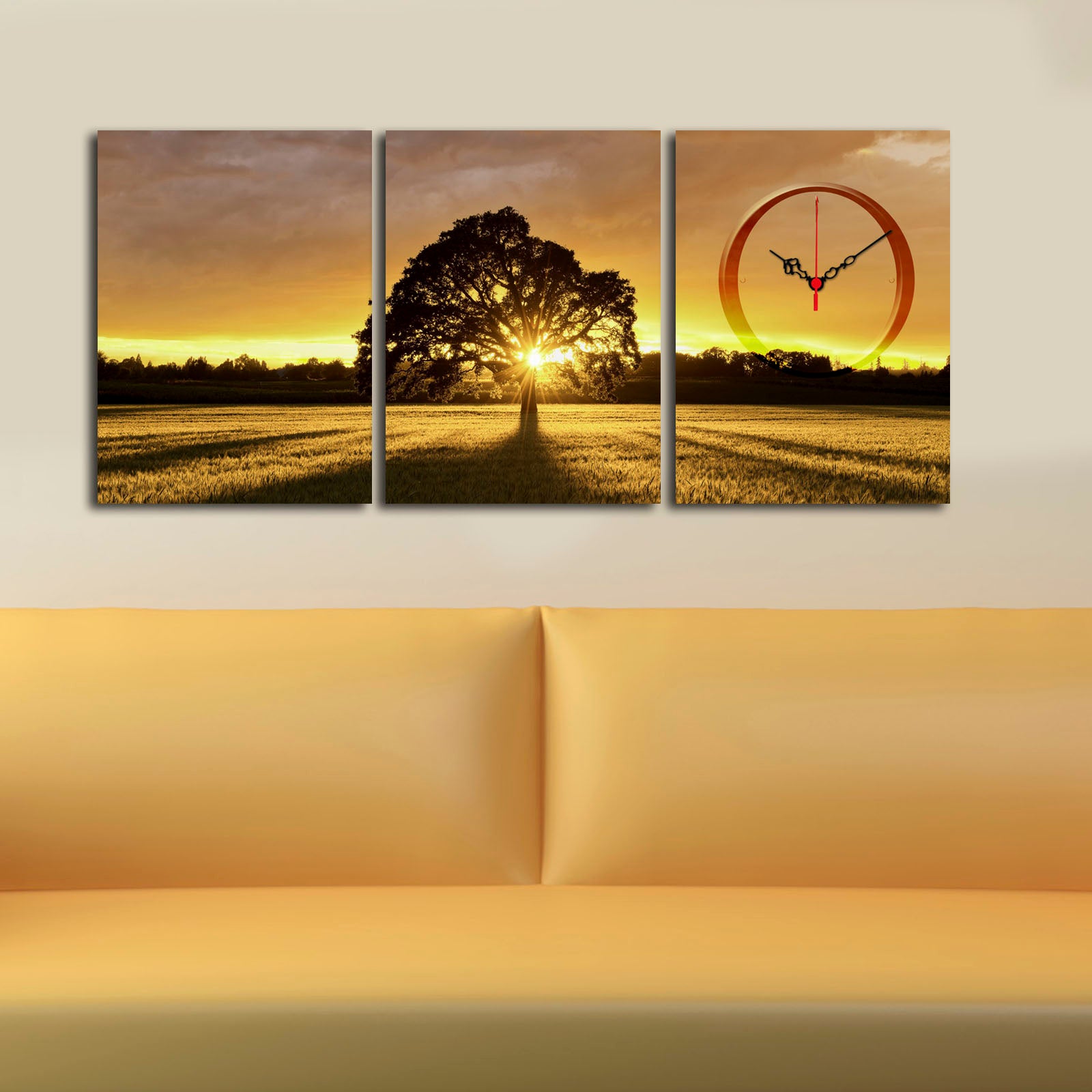 Relógio de Parede em Tela (3 Peças) Multicolor – Suede 100% e Moldura de Madeira – 90x38 cm | 3P3040CS-77