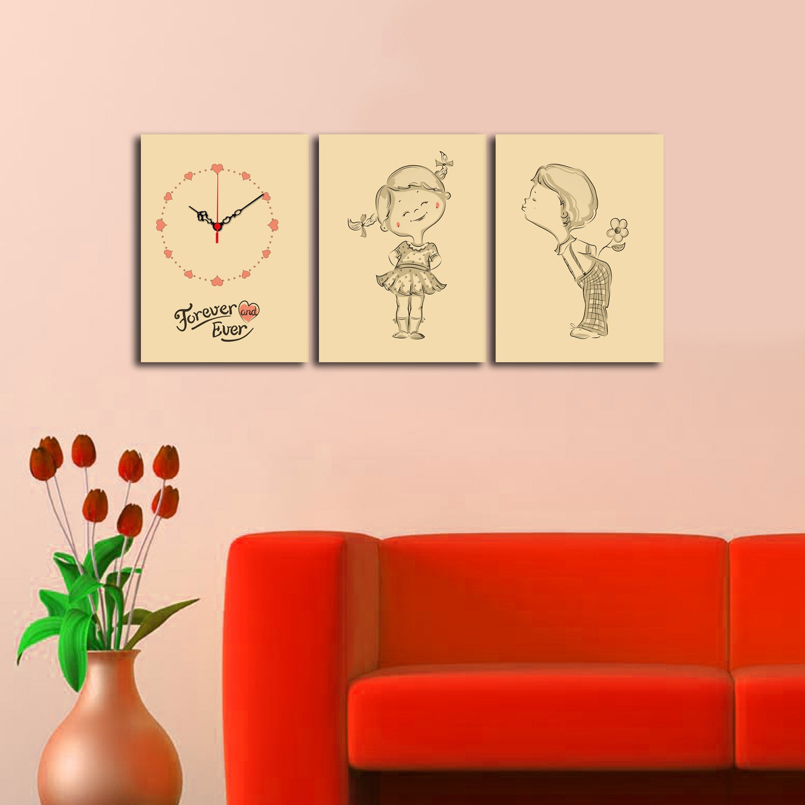 Relógio de Parede em Tela Decorativa 3 Peças Multicolor — Suede, Moldura 100% Madeira, Total 90 x 38 cm