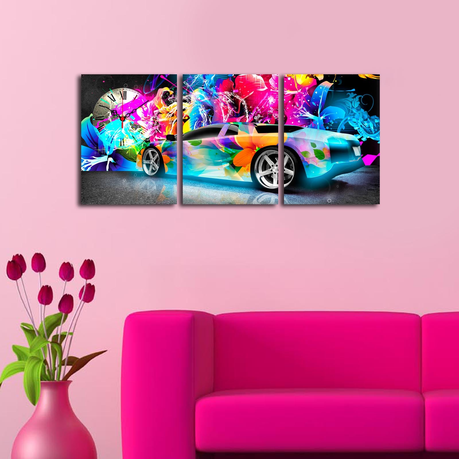 Relógio de Parede em Tela Decorativa 3 Peças (3P3040CS-80) — Multicolorido, Tela 100% Camurça, 28 x 38 cm cada (Total 90 x 38 cm), Moldura de Madeira 3 cm