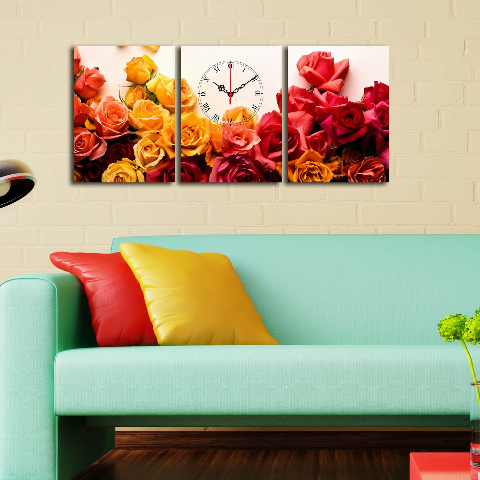 Relógio de Parede em Tela Decorativa Multicolor (Conjunto de 3) – 28x38 cm cada, total 90x38 cm – Moldura 100% Madeira