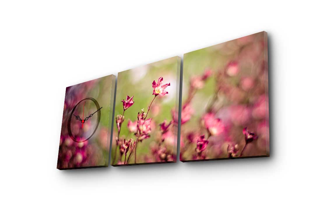 Relógio de Parede em Tela Decorativa Multicolor (Conjunto de 3) – Suede 100% e Moldura de Madeira – 90 x 38 cm