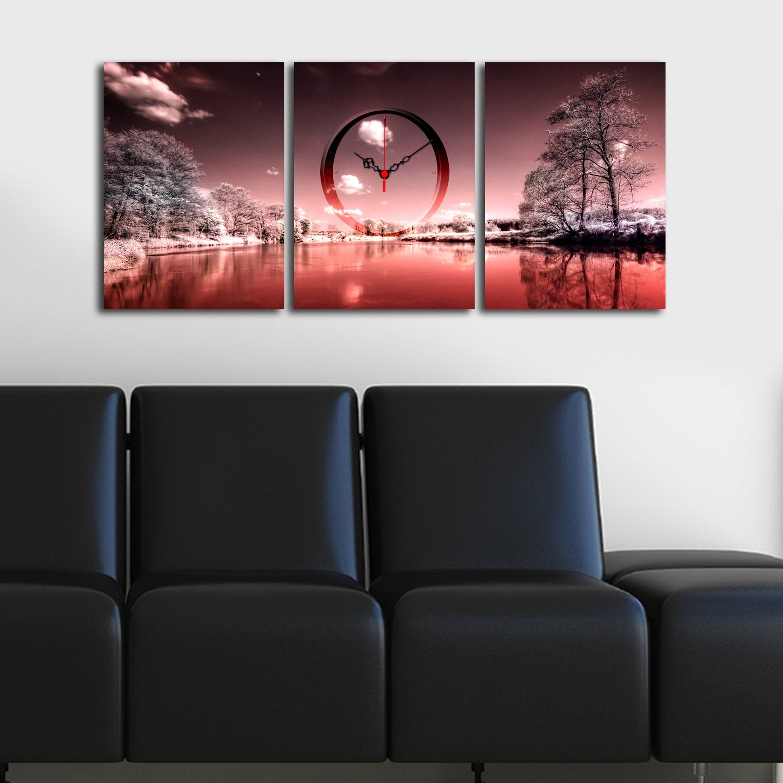Relógio de Parede em Tela Decorativa 3 Peças Multicor – 90x38 cm, Tela Suede 100%, Moldura de Madeira