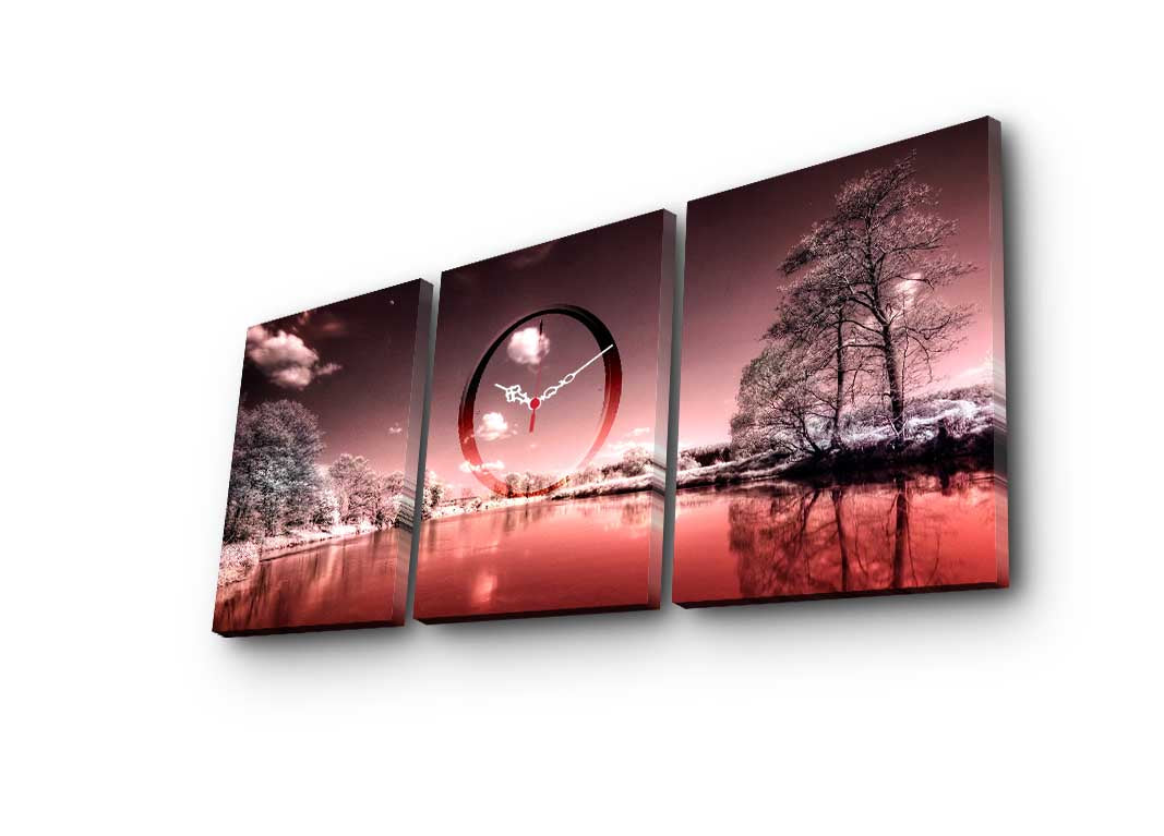 Relógio de Parede em Tela Decorativa 3 Peças Multicor – 90x38 cm, Tela Suede 100%, Moldura de Madeira