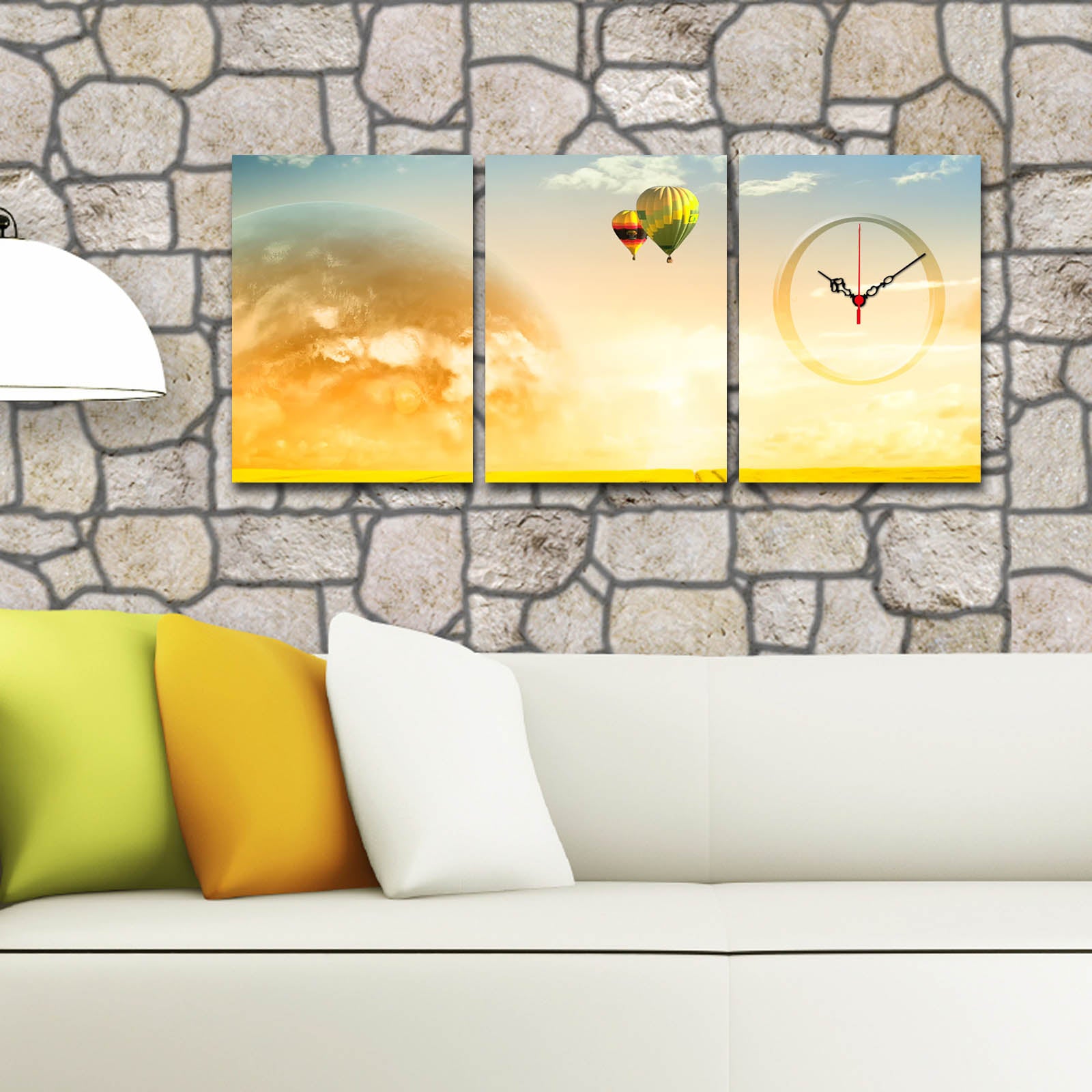 Relógio de Parede em Tela Suede 3 Peças – Multicolor, 90x38 cm, Moldura de Madeira
