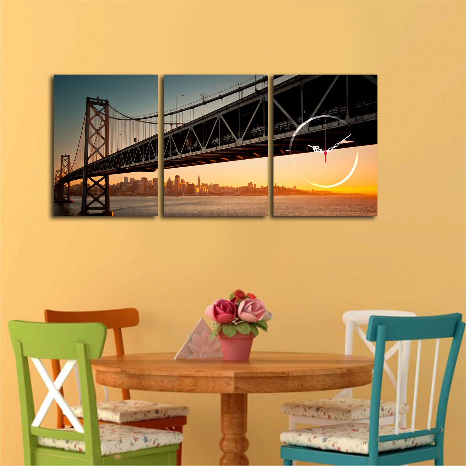 Relógio de Parede Decorativo em Tela Suede Multicor – 3 Peças, Moldura de Madeira, 90x38 cm