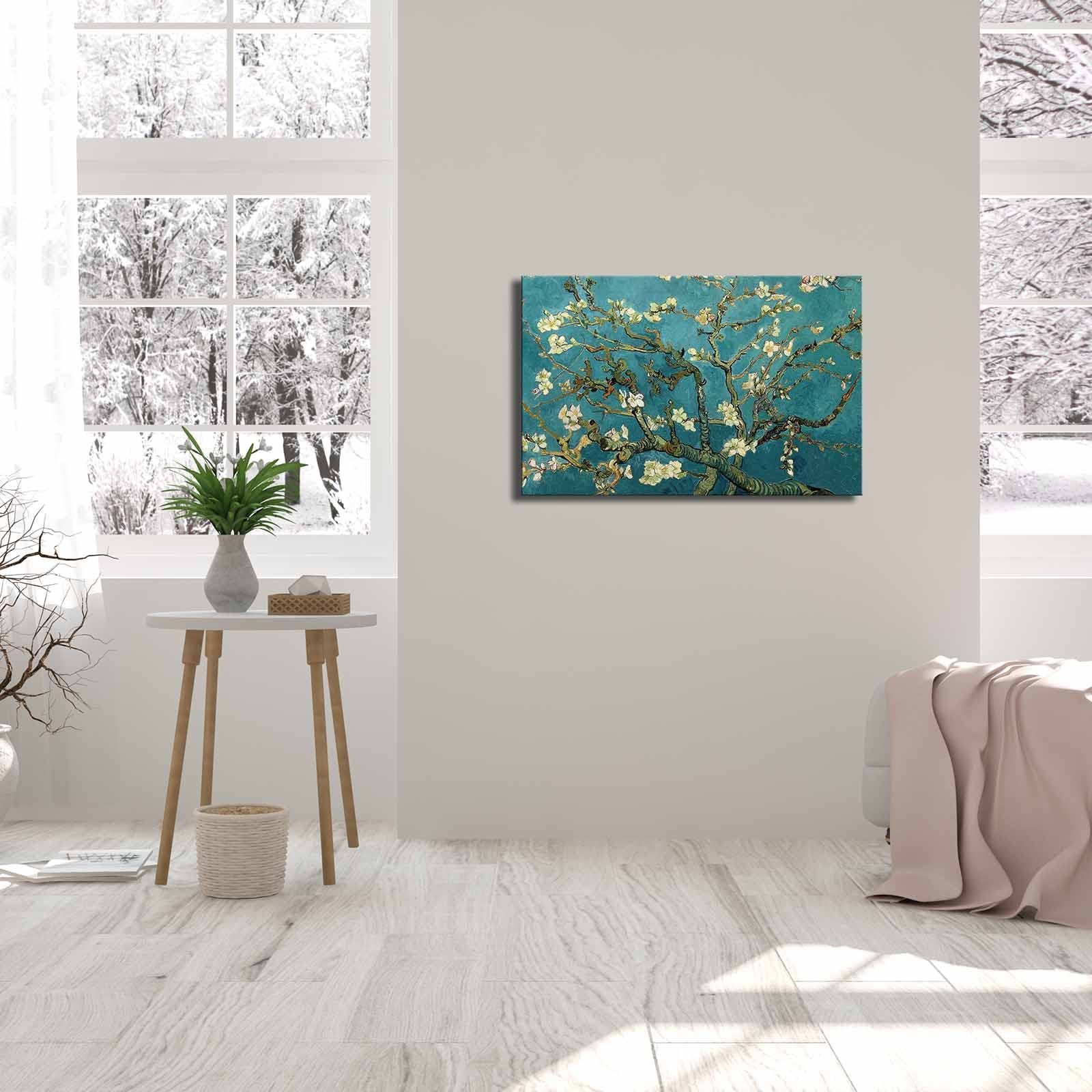 Pintura decorativa em tela "Flores de Amendoeira" de Vincent Van Gogh, 45 x 70 cm | Tela 100% camurça, moldura 100% madeira (3 cm de espessura) | Arte elegante para decoração de casa