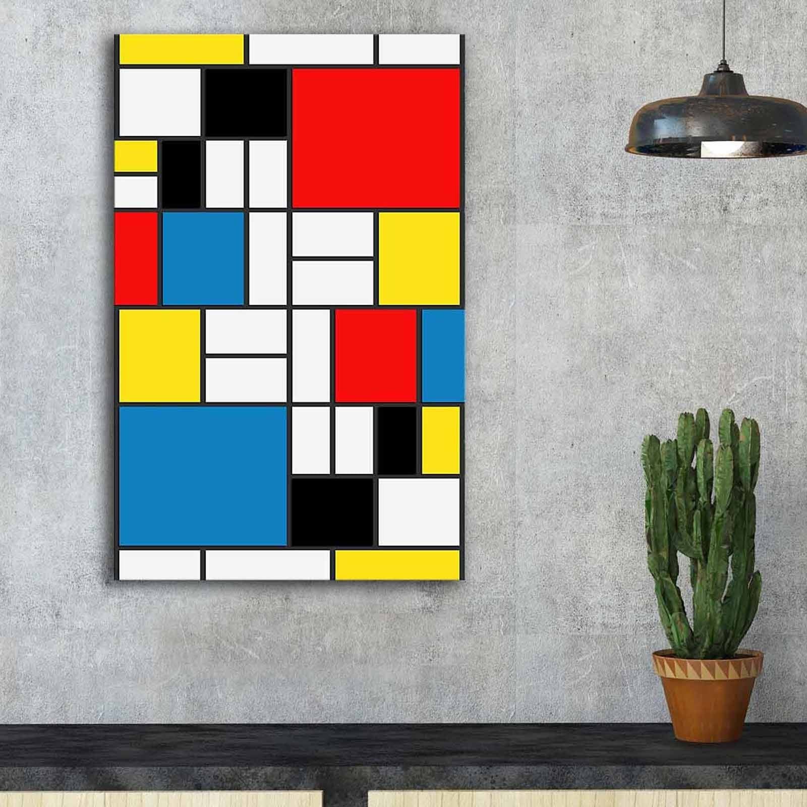 Pintura decorativa em tela de Piet Mondrian, 45 x 70 cm, 100% camurça, moldura 100% madeira (3 cm de espessura) | Perfeito para decoração moderna