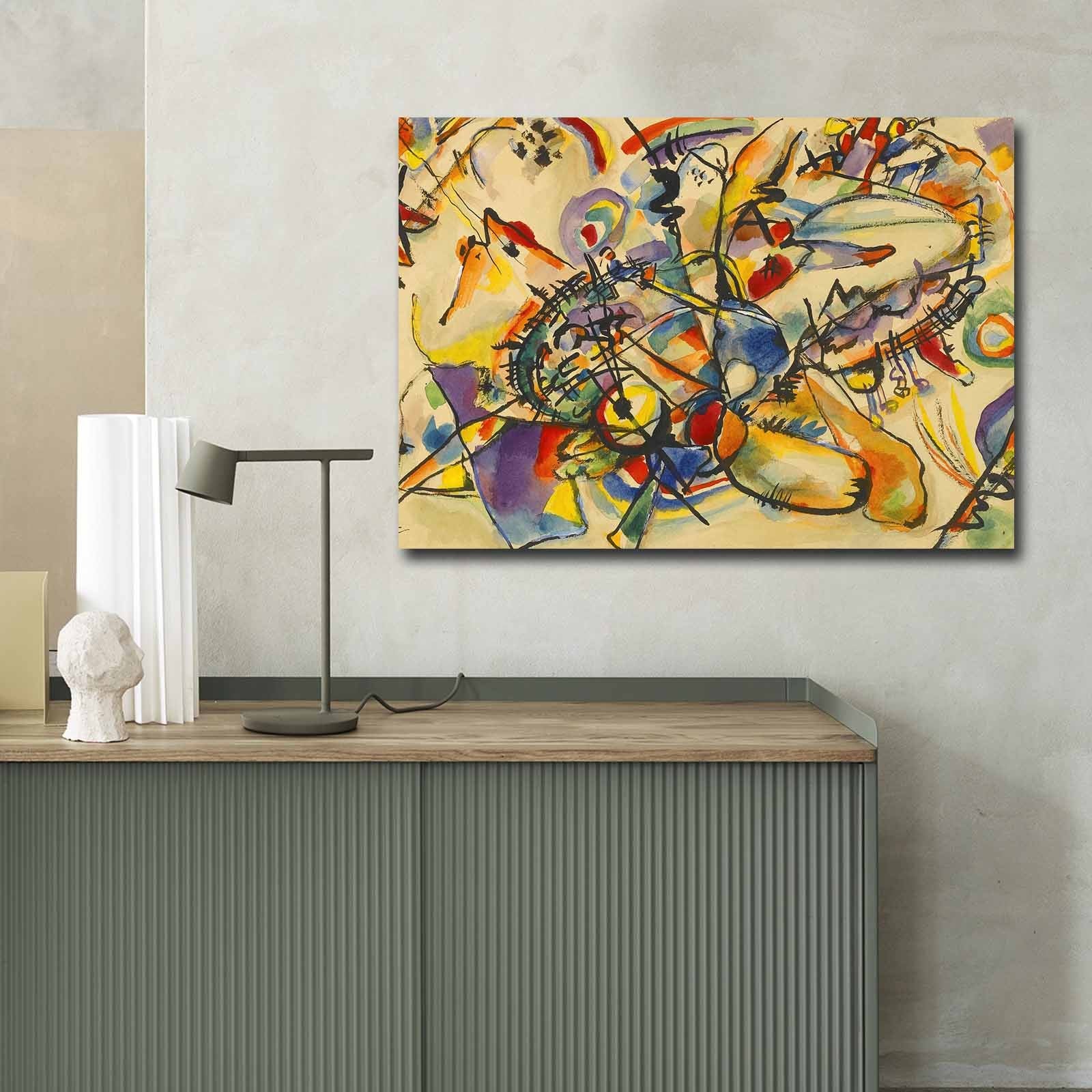 Impressionante pintura decorativa em tela de Kandinsky, 70 x 100 cm, 100% camurça, moldura 100% madeira (3 cm de espessura) | Perfeito para decoração moderna
