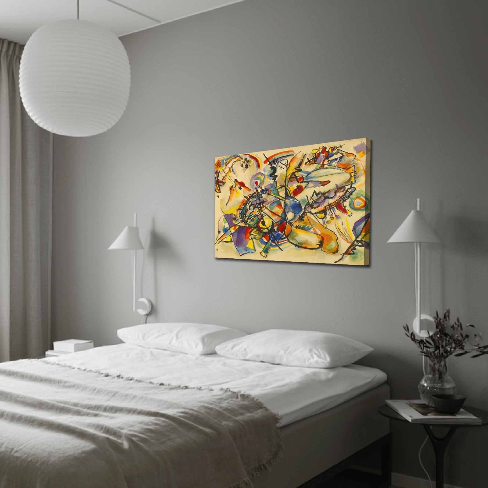 Impressionante pintura decorativa em tela de Kandinsky, 70 x 100 cm, 100% camurça, moldura 100% madeira (3 cm de espessura) | Perfeito para decoração moderna