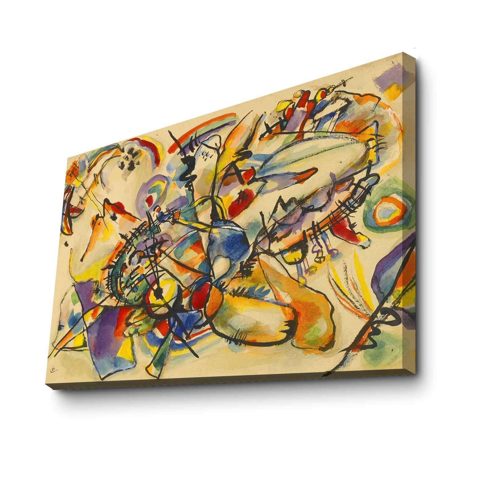 Impressionante pintura decorativa em tela de Kandinsky, 70 x 100 cm, 100% camurça, moldura 100% madeira (3 cm de espessura) | Perfeito para decoração moderna