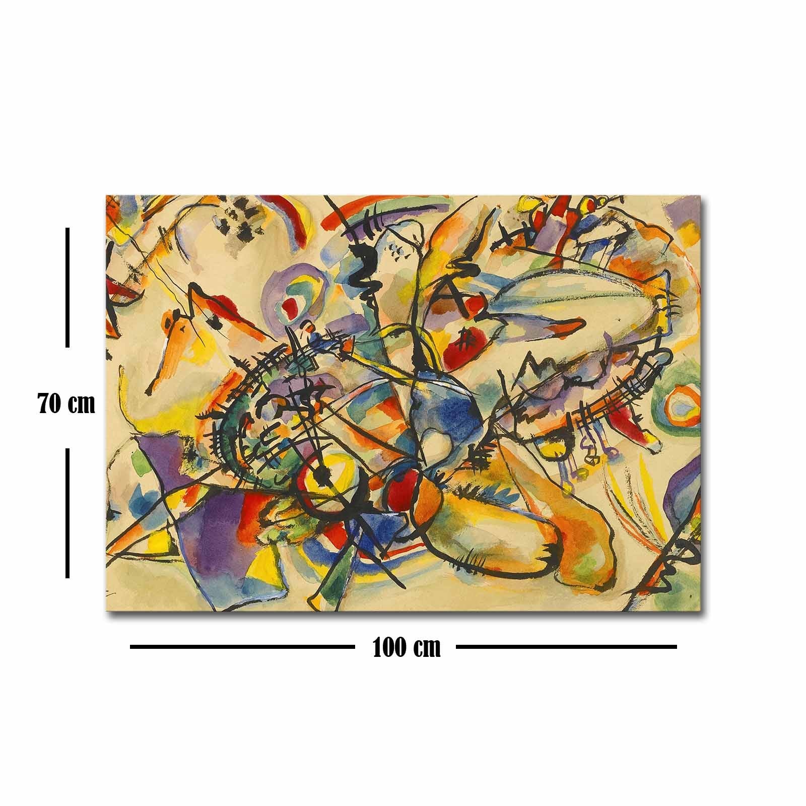 Impressionante pintura decorativa em tela de Kandinsky, 70 x 100 cm, 100% camurça, moldura 100% madeira (3 cm de espessura) | Perfeito para decoração moderna