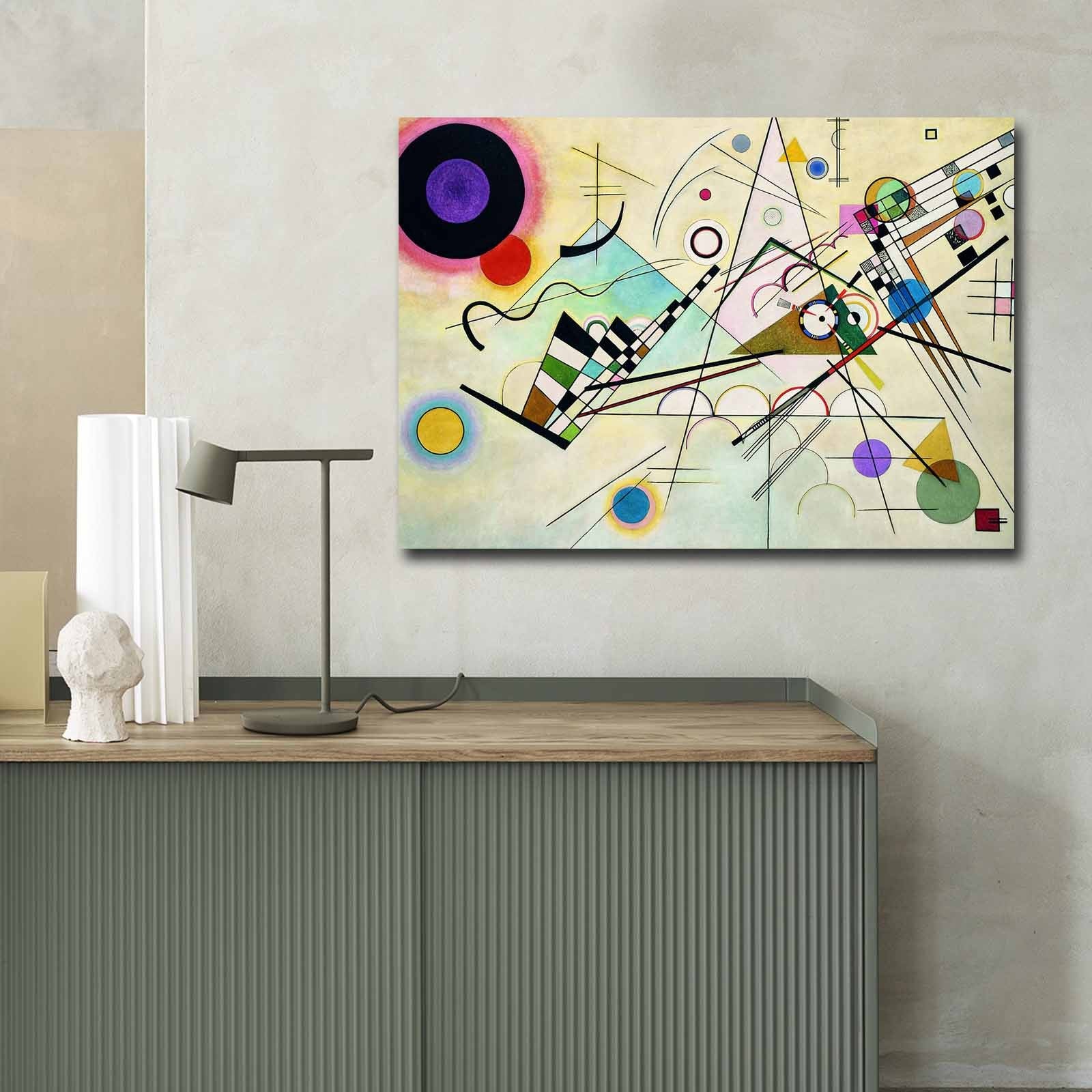 Pintura decorativa em tela "Composição 8" de Kandinsky, 70 x 100 cm, tela 100% camurça, moldura de madeira de 3 cm | Arte elegante para espaços modernos