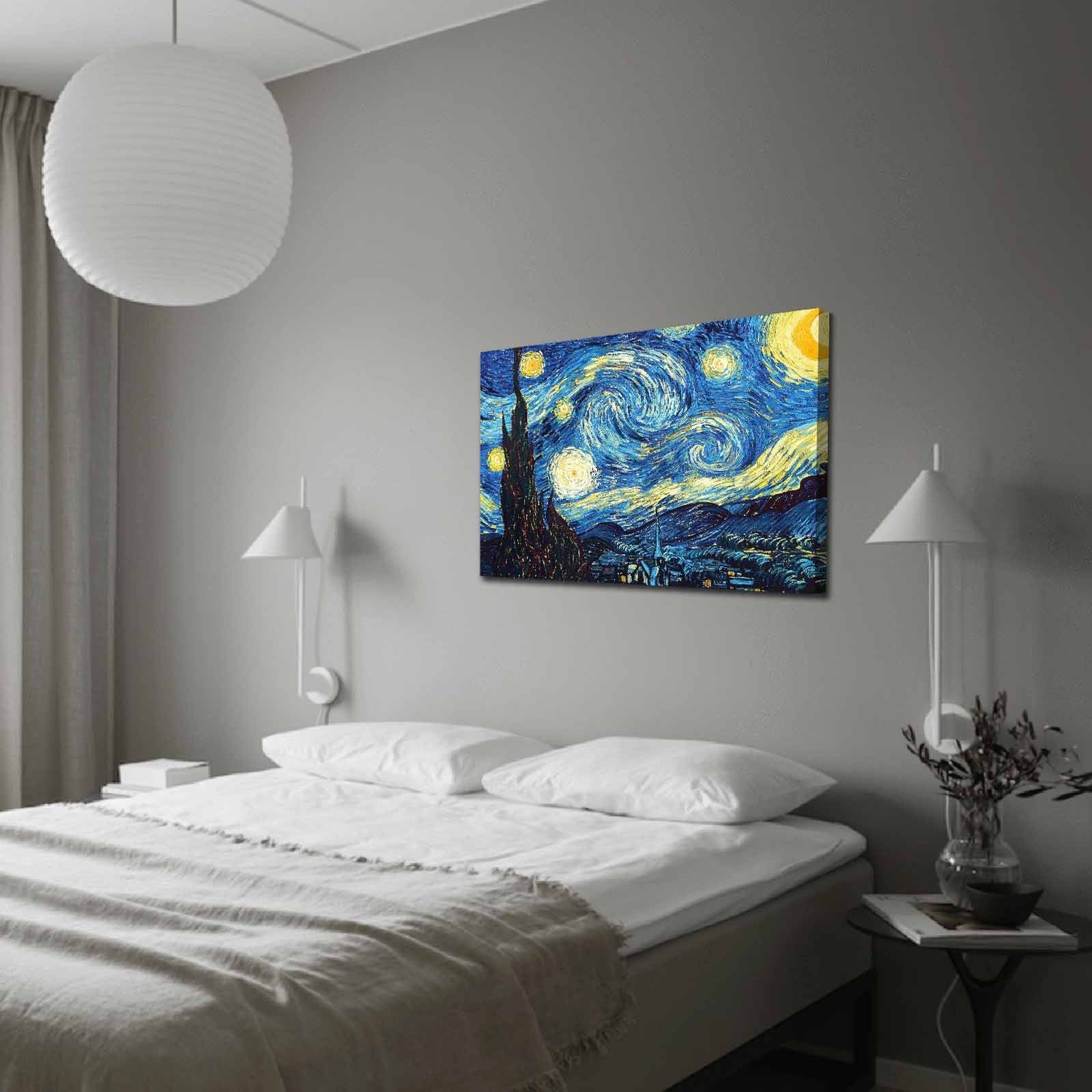 Pintura decorativa em tela "A Noite Estrelada" de Vincent Van Gogh, 70 x 100 cm, 100% camurça, moldura de madeira de 3 cm | Arte elegante para decoração de casa