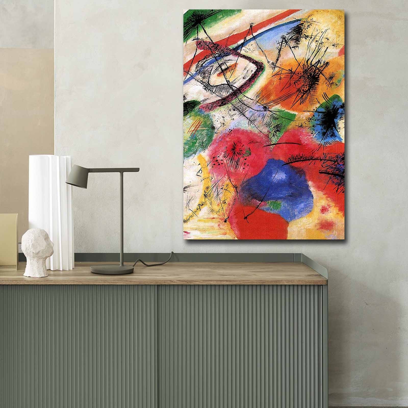 Impressionante pintura decorativa em tela de Kandinsky, 70 x 100 cm, 100% camurça, moldura 100% madeira (3 cm de espessura) | Perfeito para decoração moderna