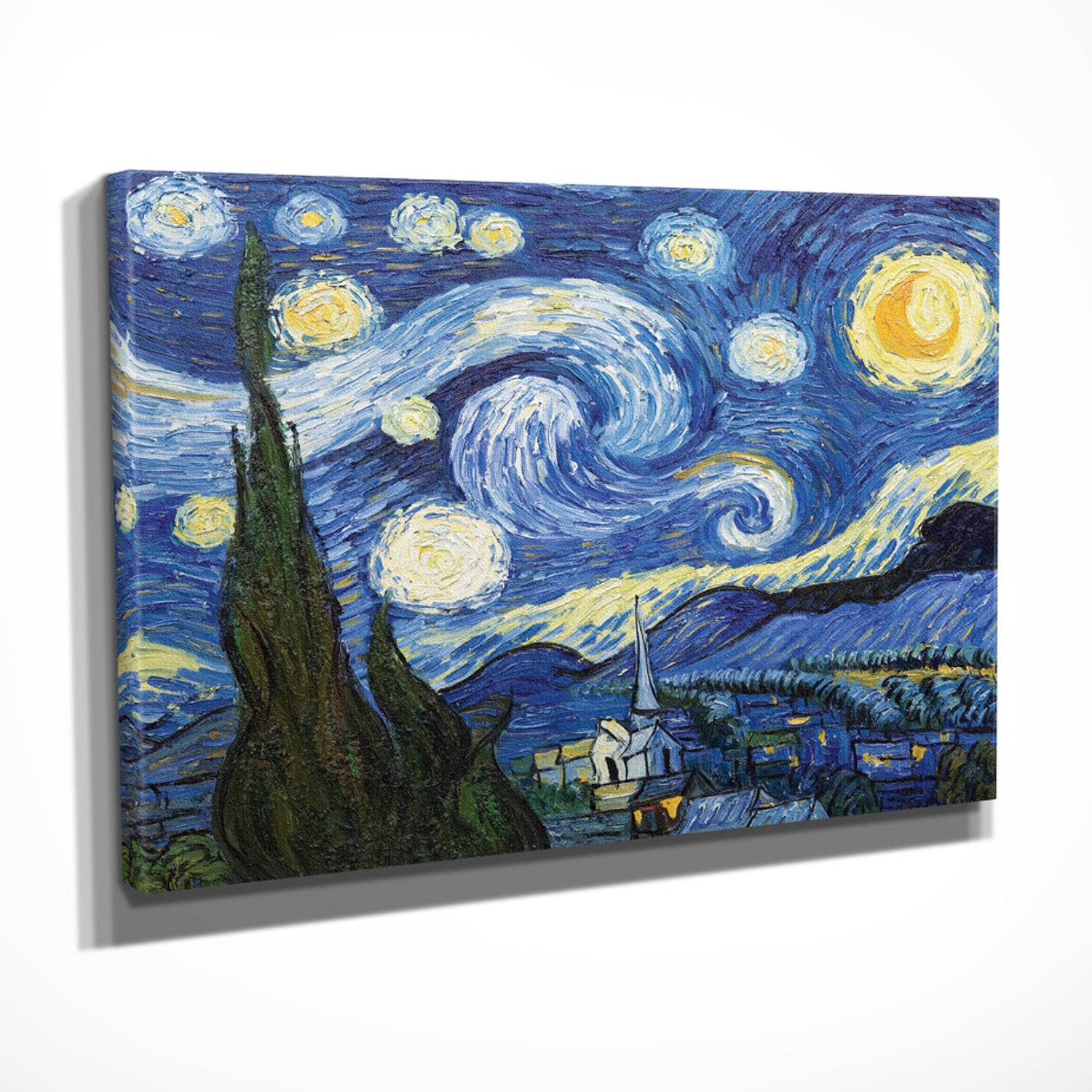 Pintura decorativa em tela "A Noite Estrelada" de Vincent van Gogh, 30 x 40 cm | 100% tela, 100% moldura de madeira (3 cm de espessura) | Perfeito para decoração e amantes da arte