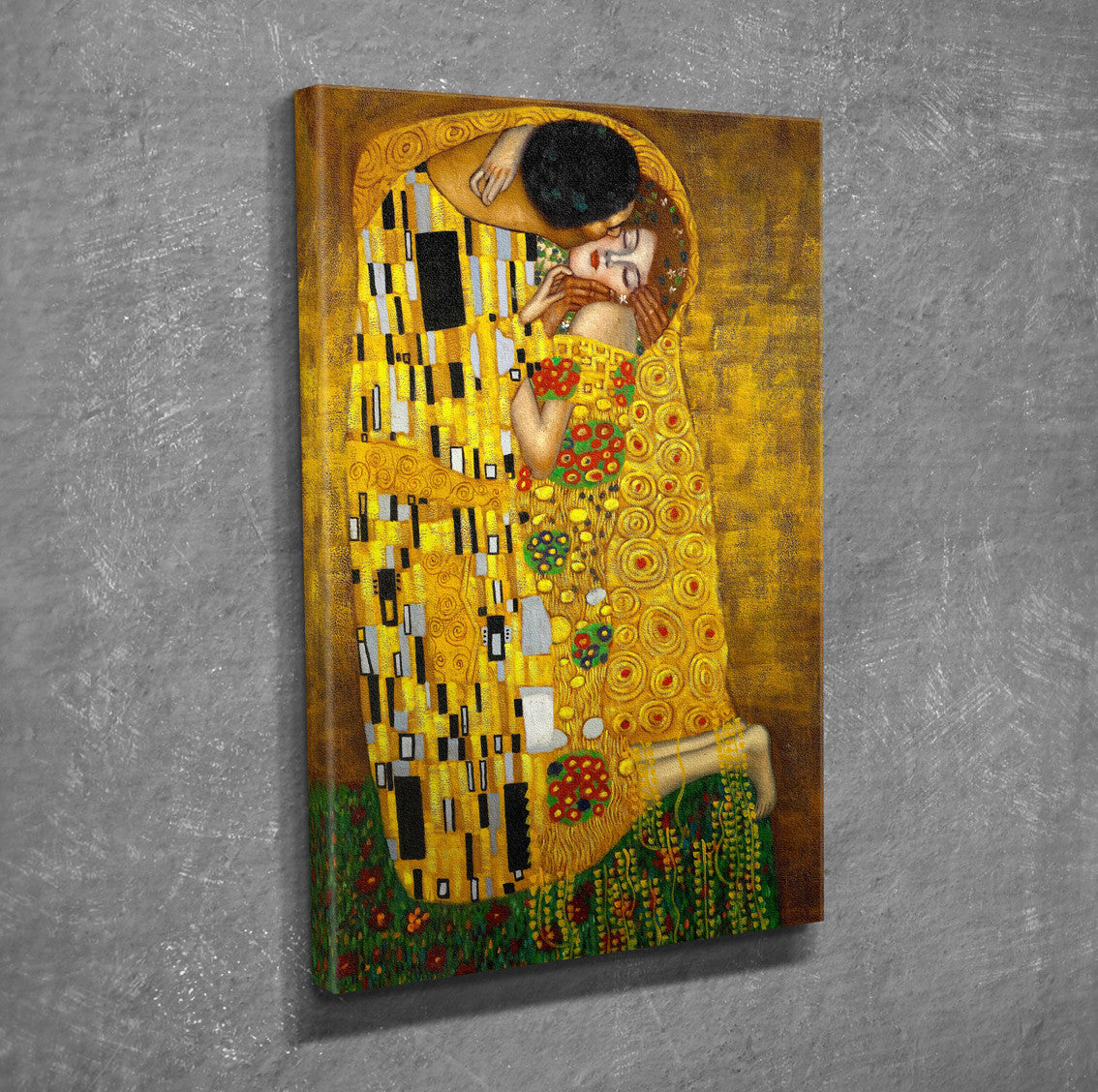 Pintura decorativa em tela "O Beijo" de Gustav Klimt, 30 x 40 cm | 100% tela, 100% moldura de madeira (3 cm de espessura) | Arte elegante para decoração de casa