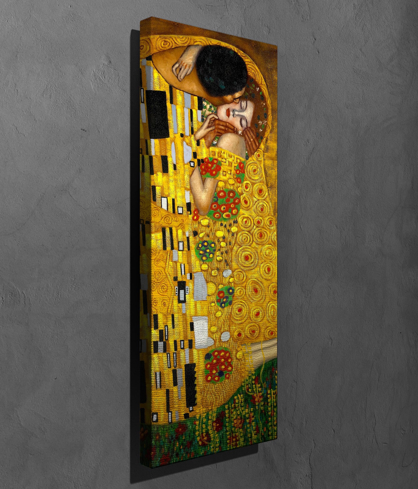 Pintura decorativa em tela "O Beijo" de Gustav Klimt, 30 x 80 cm | 100% tela, 100% moldura de madeira (3 cm de espessura) | Arte elegante para decoração de casa