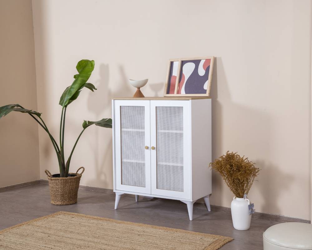 Aparador – 90 cm x 105 cm x 41 cm – Branco e Carvalho – MDF e Madeira de Carvalho