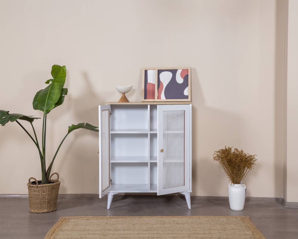 Aparador – 90 cm x 105 cm x 41 cm – Branco e Carvalho – MDF e Madeira de Carvalho
