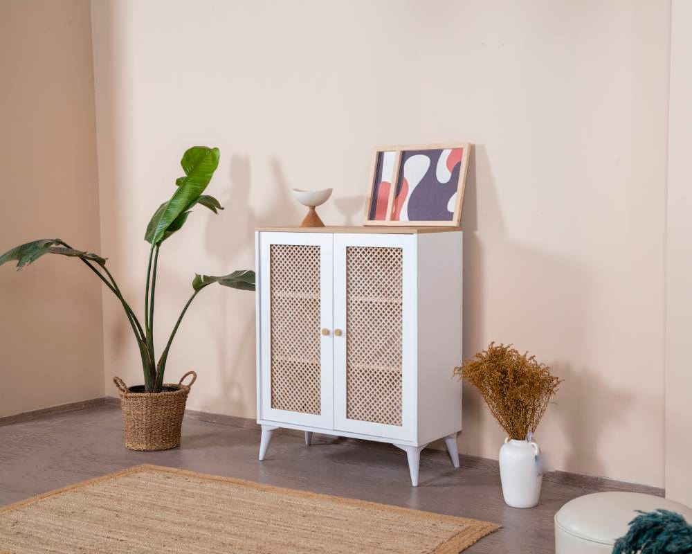 Aparador – 90 cm x 105 cm x 41 cm – Branco e Carvalho – Aglomerado, MDF e Madeira de Pinho