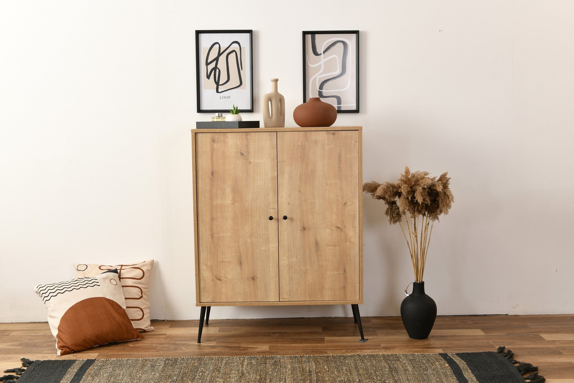 Aparador de Aglomerado Revestido de Melamina – 90cm x 105cm x 41cm – Carvalho – MDF e Metal