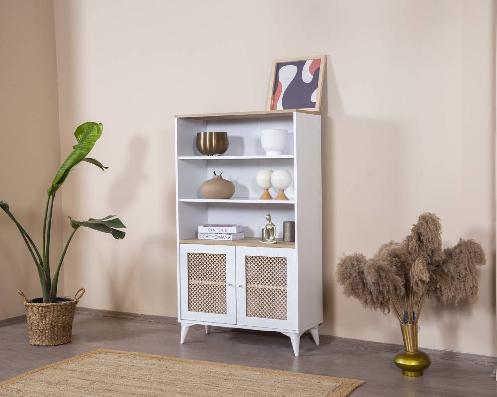 Estante de livros – 90 cm x 158 cm x 41 cm – Branco e Carvalho – MDF e Madeira de Pinho