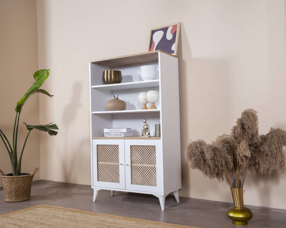 Estante de livros – 90 cm x 158 cm x 41 cm – Branco e Carvalho – MDF e Madeira de Pinho