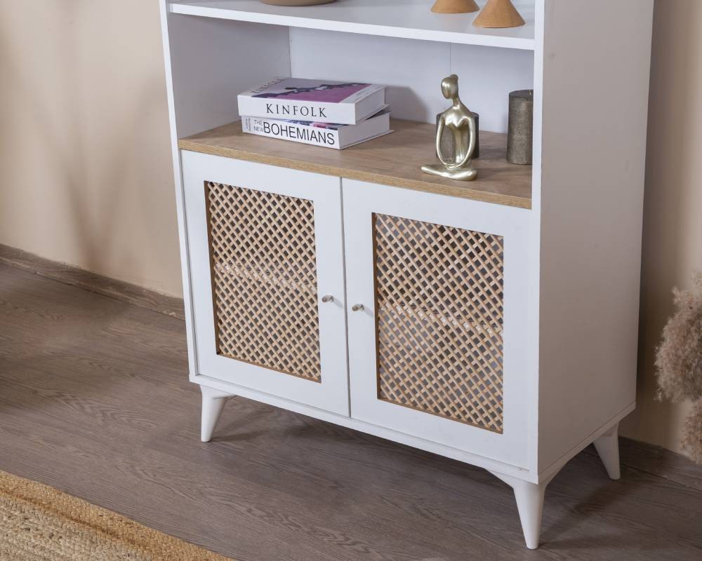 Estante de livros – 90 cm x 158 cm x 41 cm – Branco e Carvalho – MDF e Madeira de Pinho