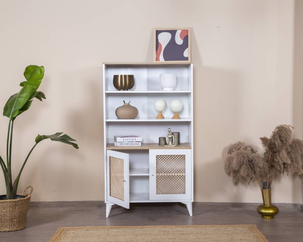 Estante de livros – 90 cm x 158 cm x 41 cm – Branco e Carvalho – MDF e Madeira de Pinho