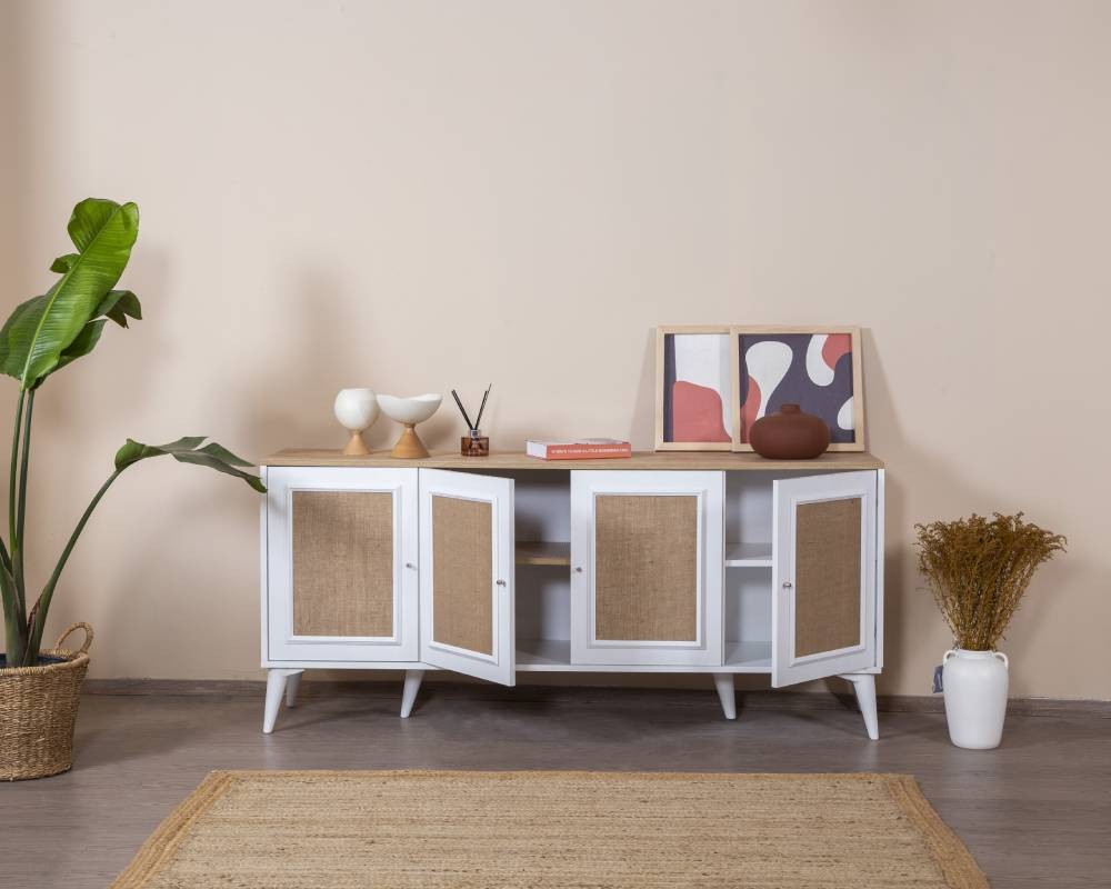 Aparador de MDF – 80 cm x 180 cm x 41 cm – Branco e Carvalho