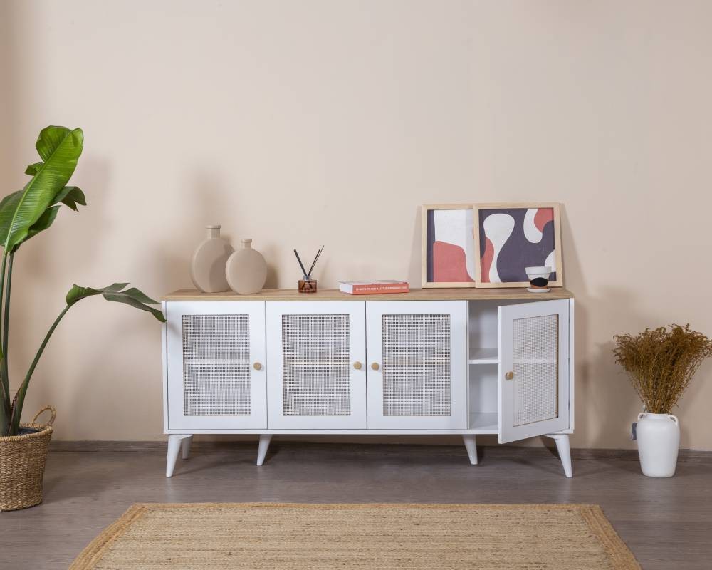 Aparador de MDF – 80 cm x 180 cm x 41 cm – Branco e Carvalho