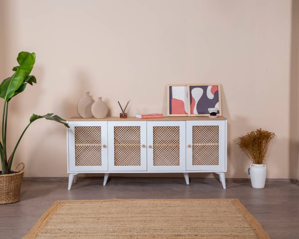 Aparador – 80 cm x 180 cm x 41 cm – Branco e Carvalho – MDF e Madeira de Pinho