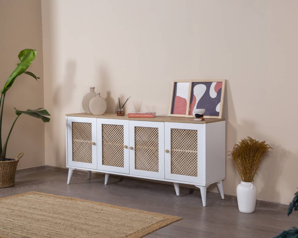 Aparador – 80 cm x 180 cm x 41 cm – Branco e Carvalho – MDF e Madeira de Pinho