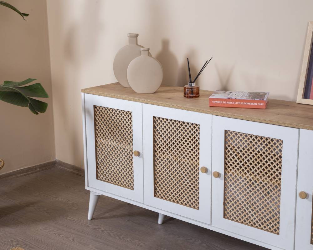 Aparador – 80 cm x 180 cm x 41 cm – Branco e Carvalho – MDF e Madeira de Pinho