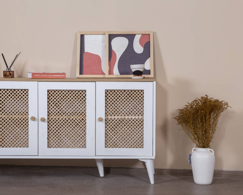 Aparador – 80 cm x 180 cm x 41 cm – Branco e Carvalho – MDF e Madeira de Pinho