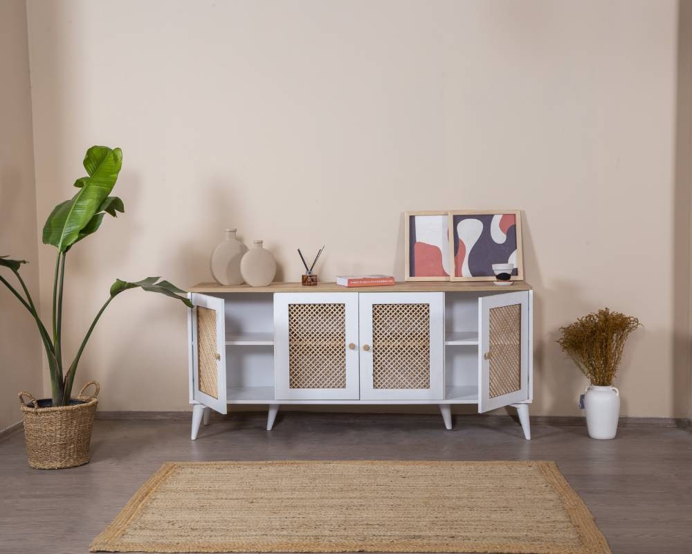 Aparador – 80 cm x 180 cm x 41 cm – Branco e Carvalho – MDF e Madeira de Pinho